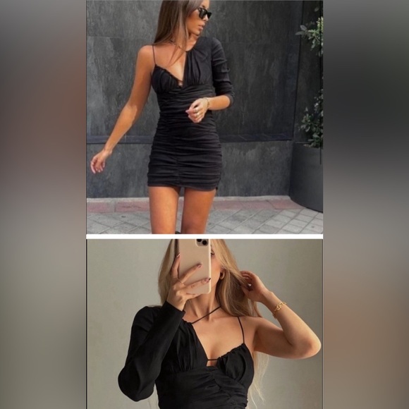 Zara One Sleeve Steetch Black Cocktail Mini Dress s Size Small sexy - Picture 4 of 6